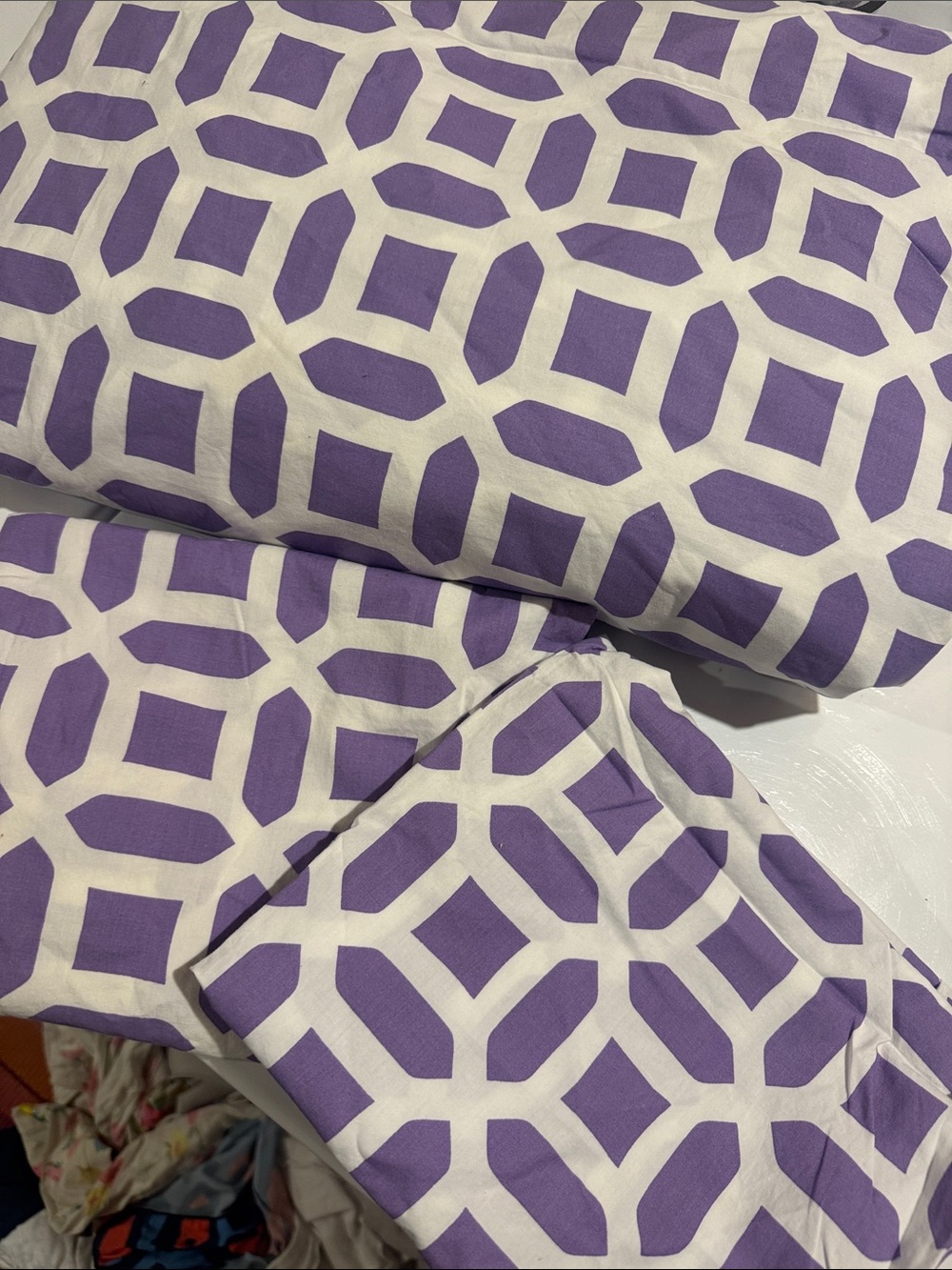Pottery Barn teen duvet set three-piece purple white Geo print